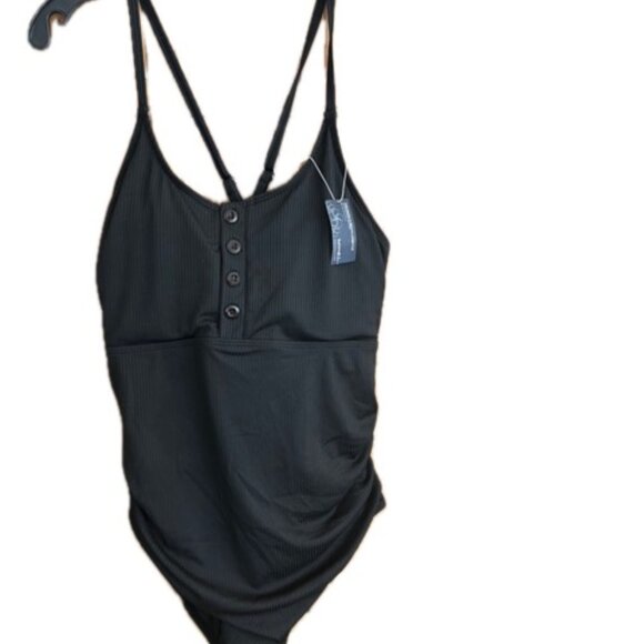 Modest Maternity Swimwear One Piece | Ribbed With Button Front Black Size XL - Picture 3 of 3